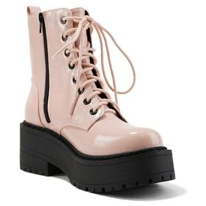 Women Combat Platform Lug Sole Block Heel Ankle Boots Blush Patent Lace Up SZ 6